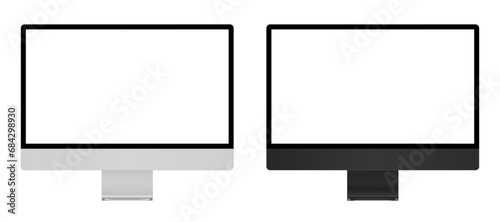 Two imac computer monitor with empty display, set device screen mockup, devices silver and black colors, blank screens - stock vector