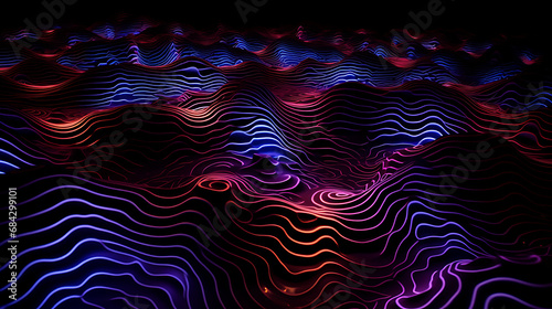 Dramatic digital photography cymatic patterns composed of sand on metal. Award winning composition. Black light neon colors that are glowing hypnotically. photo