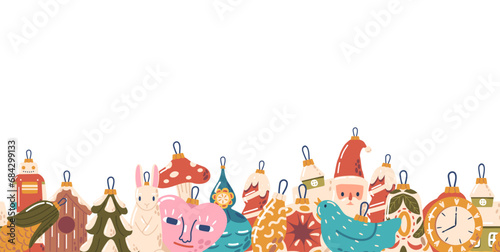 Festive Seamless Pattern Adorned With Charming Christmas Toys, Featuring Joyful Ornaments, Sparkling Lights