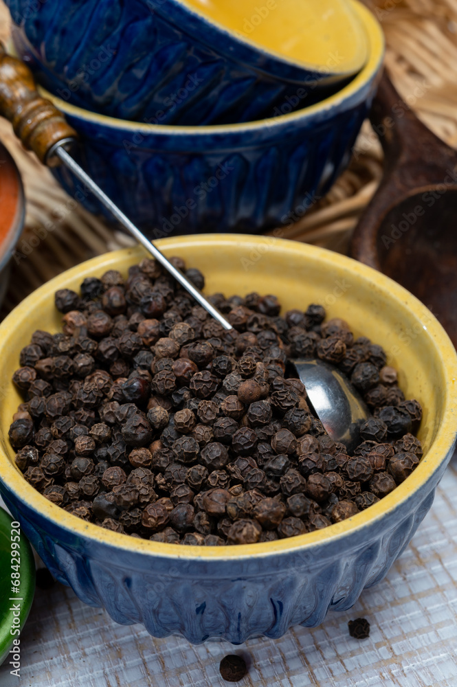 Indian spices collection, dried black peppercorns, kitchen spices Indian spices collection, dried black peppercorns, kitchen spices