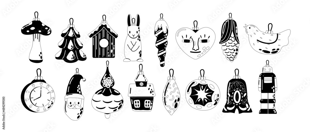 Black and White Festive Toys for Christmas Tree. Baubles, Lights, Heart and Clock, Icicles, Mushroom and Santa Trinkets