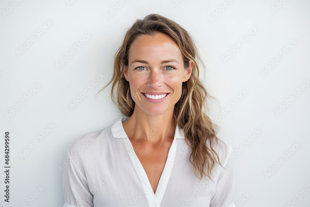Blonde woman in white shirt posing against a white wall. Blonde woman in white shirt posing against a white wall.