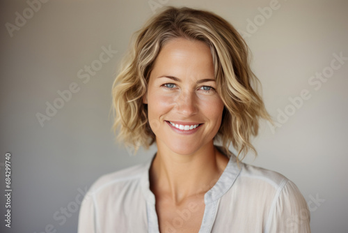 Portrait of a smiling middle age blonde woman isolated against a wall.