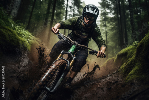 Mountain Biker Exploring The Forest Trails With Excitement. Сoncept Mountain Biking, Forest Trails, Excitement, Adventure