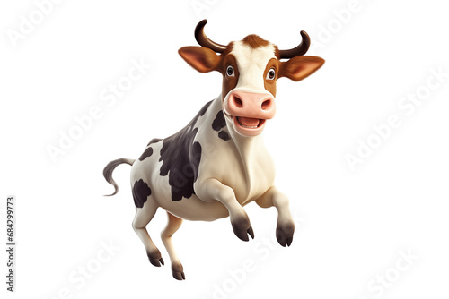 Funny cartoon jumping cow isolated on transparent background. PNG file.