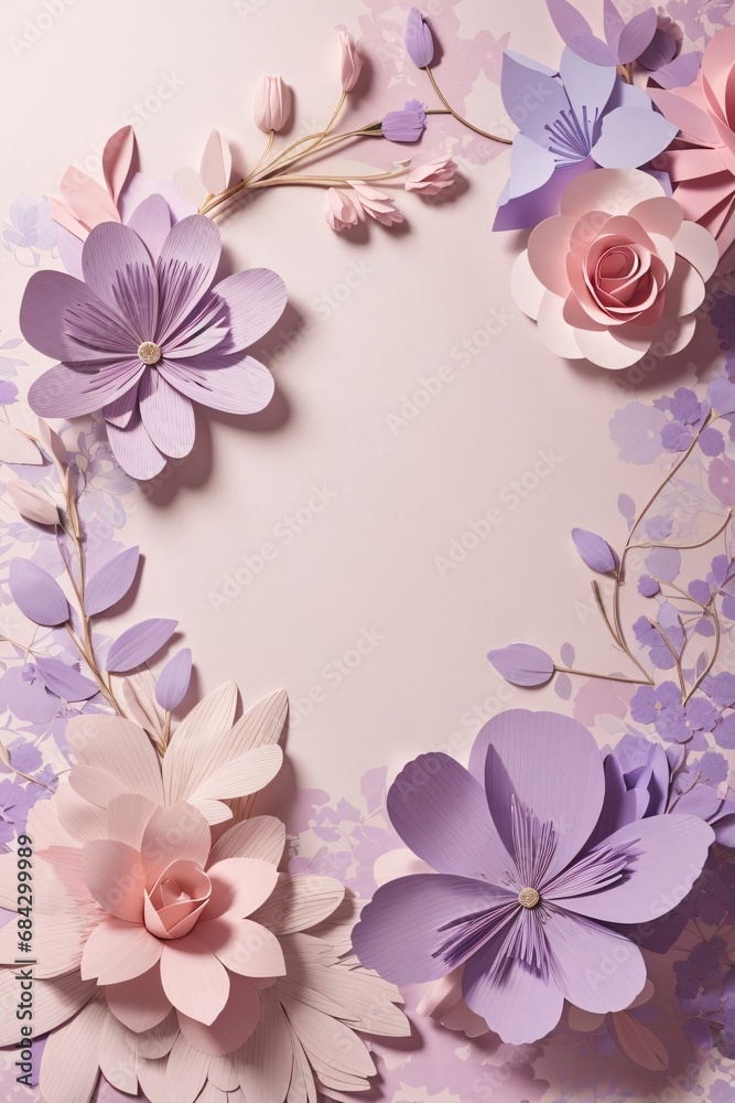 Floral elements on a basic purple paper texture background. Background for party, birthday, wedding or graduation invitation card in purple color with floral elements in soft art style.