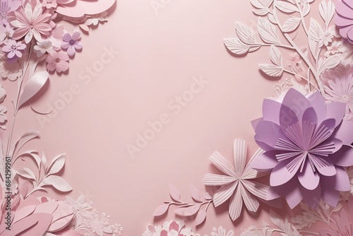 Floral elements on a basic purple paper texture background. Background for party, birthday, wedding or graduation invitation card in purple color with floral elements in soft art style. © kapros76