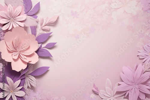 Floral elements on a basic purple paper texture background. Background for party  birthday  wedding or graduation invitation card in purple color with floral elements in soft art style.