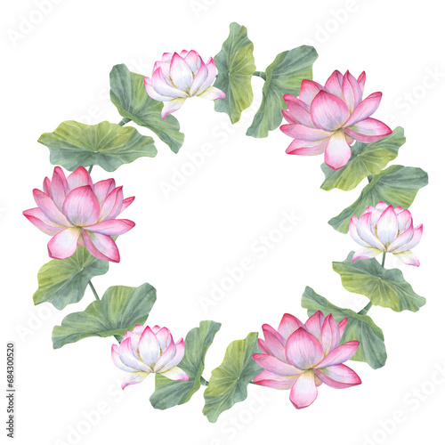 Wreath with blooming pink white lotus, leaves. Water Lily. Indian lotus, green leaf, sacred lotus. Watercolor illustration. Space for text. Hand drawn composition for poster, cards, greeting