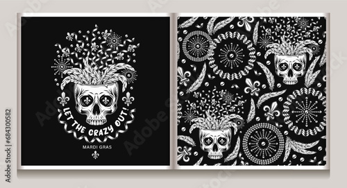 Carnival Mardi Gras pattern, label with half human skull, feathers, flying apart party streamers, confetti. Festive holiday illustration with Fleur de Lis, feathers, spiral ribbons