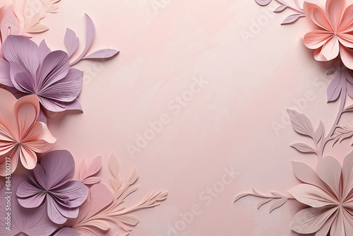 Floral elements on a basic purple paper texture background. Background for party  birthday  wedding or graduation invitation card in purple color with floral elements in soft art style.