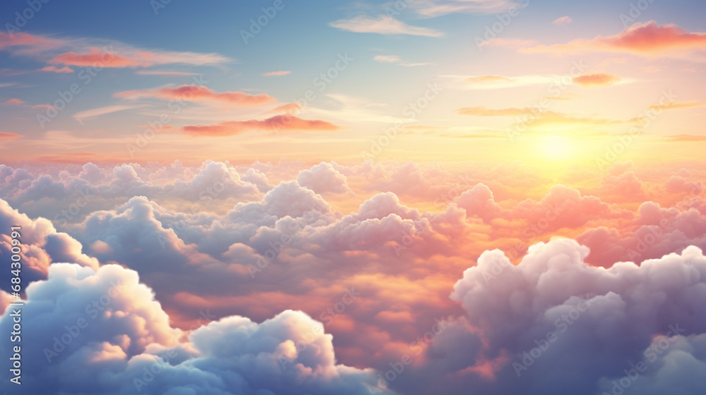 Twilight sunset with soft fluffy clouds in various pastel colors with cool and warm gradients, representing love and brightness, with the sun shining brightly to lead the way, wallpaper background. Twilight sunset with soft fluffy clouds in various pastel colors with cool and warm gradients, representing love and brightness, with the sun shining brightly to lead the way, wallpaper background.