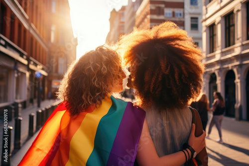 Two Friends Carrying Lgbt Pride Flag In The City