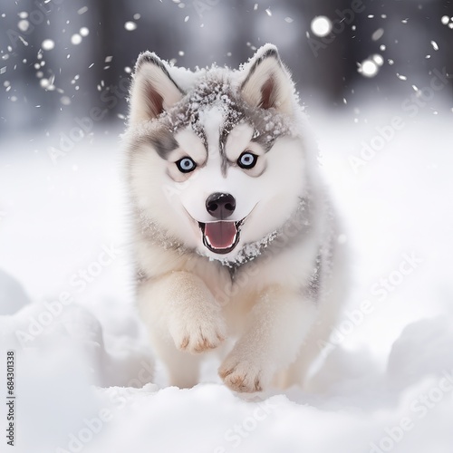 siberian husky puppy, husky puppy in snow, snowfall, winter © Azhar