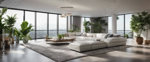 A spacious living room with a stunning white sectional  floor-to-ceiling windows offering a panorami