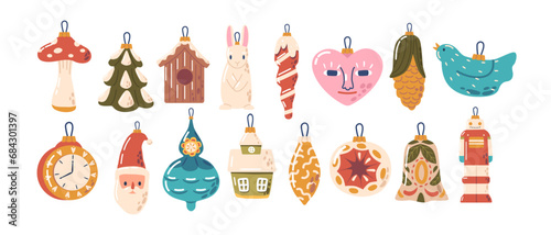 Festive Sparkling Ornaments For Christmas Tree. Delicate Baubles, Shimmering Lights, Trinkets And Whimsical Toys