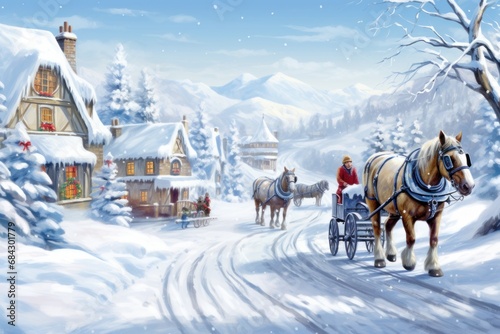 Seamless snowy village scene with cottages and horse-drawn sleighs © Jelena