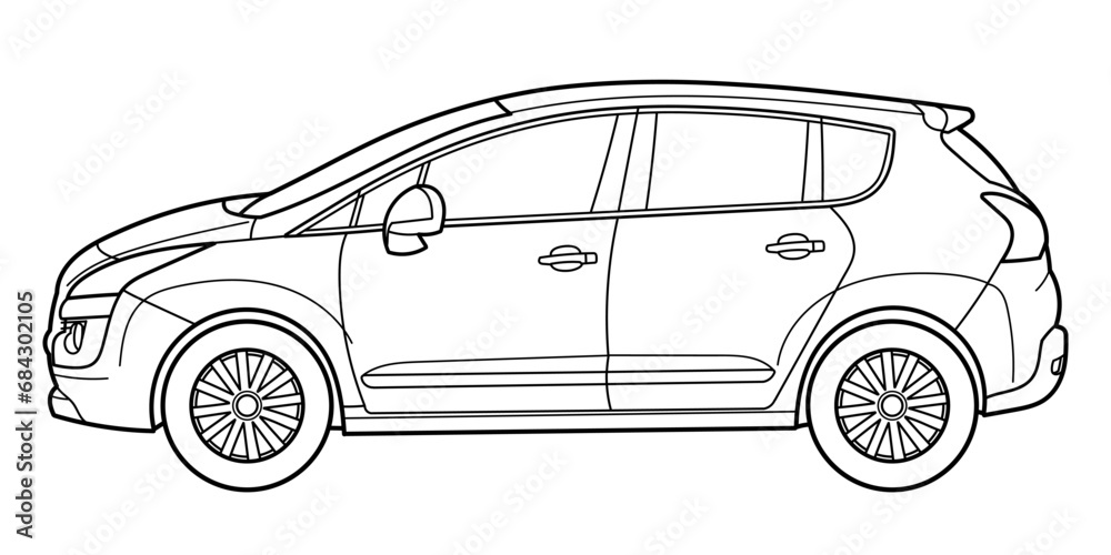 Classic compact van car. Side view shot. Outline doodle vector illustration