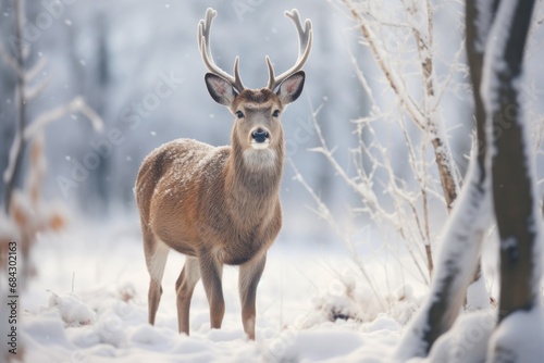 A lone deer standing in a snow-covered meadow during a snowfall