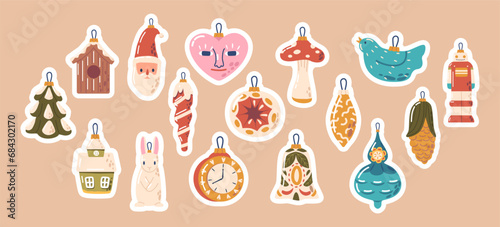 Set of Stickers Festive Toys for Christmas Tree. Baubles, Lights, Heart and Clock, Icicles, Mushroom and Santa Trinkets