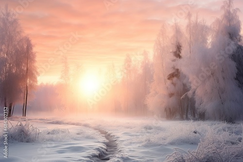 Winter landscape with hoarfrost-covered trees and a misty sunrise