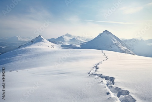 A hiker's footsteps in fresh snow leading towards a distant mountain peak © Jelena