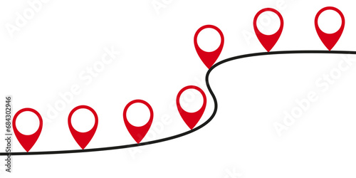 A curved line rising up with set location pin, progress concept, step planning, process timeline to success - stock vector