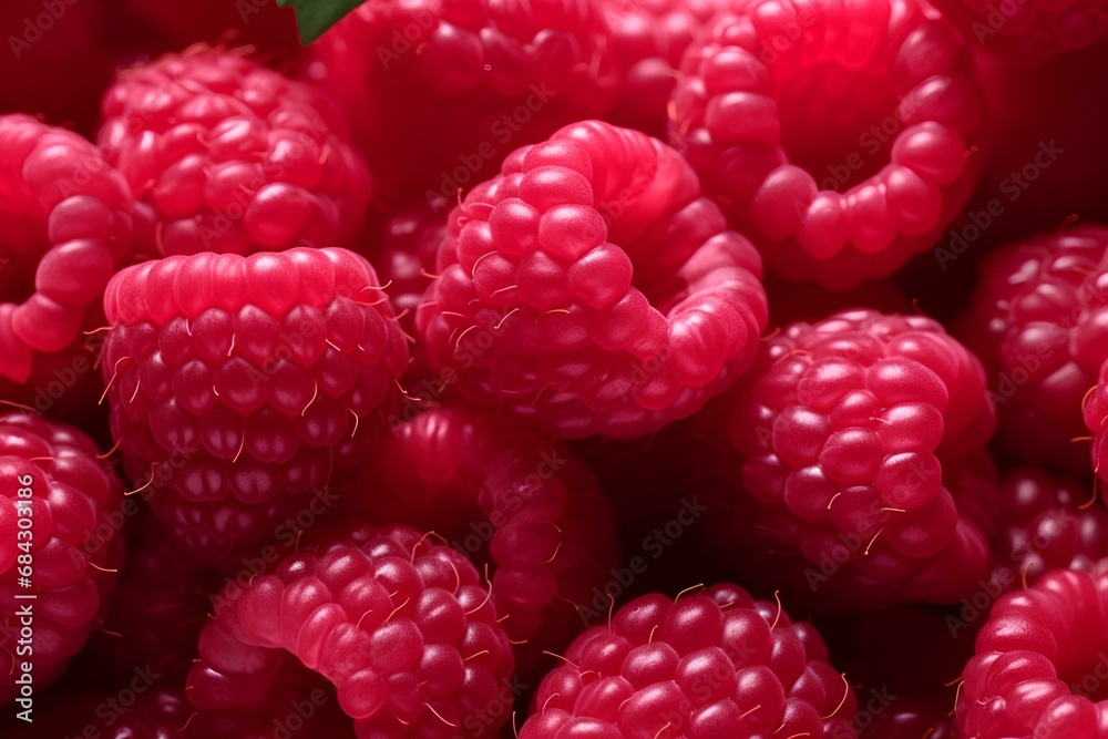 Background with juicy red raspberries, close-up view from above. Background with juicy red raspberries, close-up view from above.