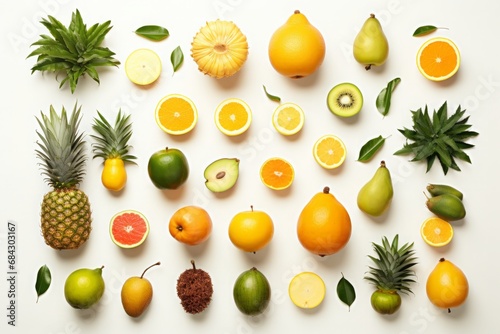 Different types of tropical fruits on a white background photo