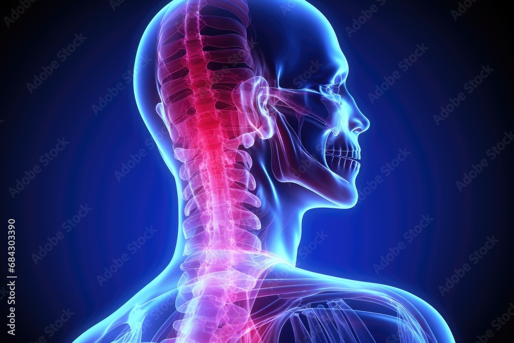 Human skeleton anatomy, x-ray image, 3D illustration, 3D illustration of neck pain, cervical spine skeleton x-ray, medical concept, AI Generated Human skeleton anatomy, x-ray image, 3D illustration, 3D illustration of neck pain, cervical spine skeleton x-ray, medical concept, AI Generated
