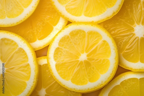 Background with bright yellow lemon slices, close-up view from above.