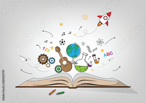 Education School. Digital internet tutorials and courses, online education, e-learning. Education magic book with open concept. More idea start from learning as music, draw, math, sport, technology.