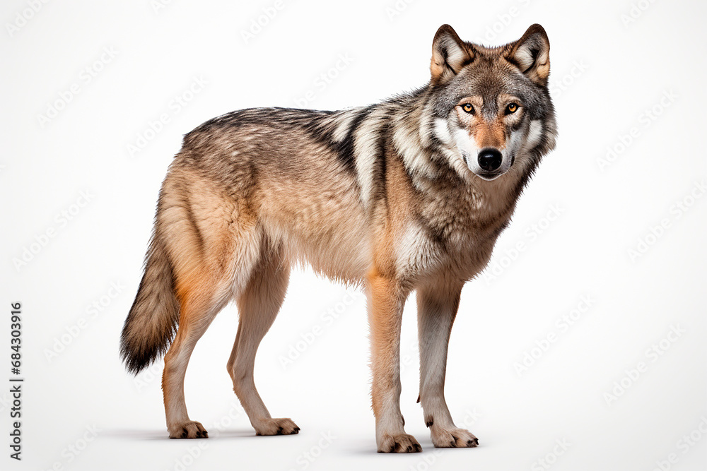 Fototapeta premium Wolf standing on a white background. Beautiful animal right-side portrait