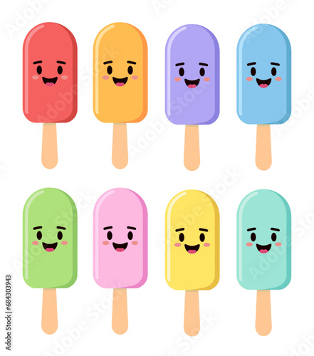 Popsicles, Set of kawaii style popsicles, variety of flavors and colors, smiling, cute, adorable, ice cream collection set clip art, clipart, vector SVG, character 