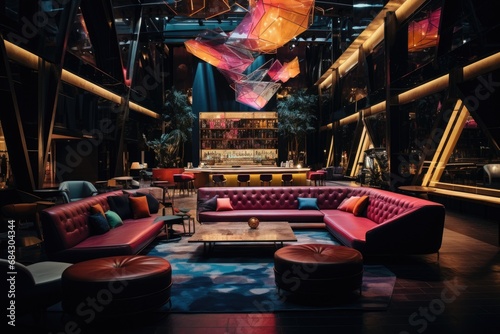 Luxury interior of a night club with sofas and tables, A decorated night club with stylish couches and colorful cocktail tables, AI Generated photo