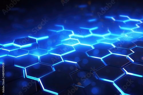 abstract blue glowing hexagons on dark background, 3d render, 3D rendering of an abstract hexagon background with blue neon lights, AI Generated