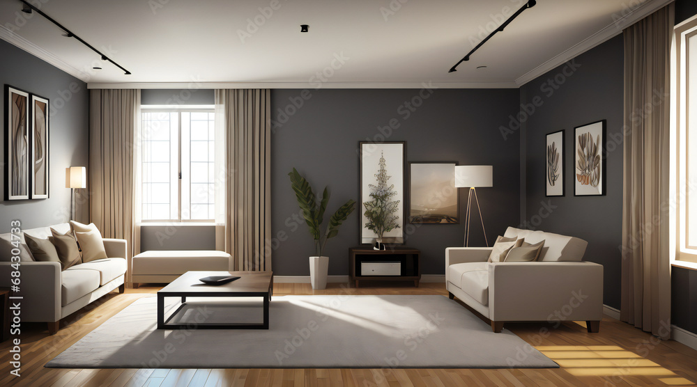 Fototapeta premium Luxury Home Interior with Stylish Furniture and Floor-to-Ceiling Windows