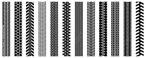 Tire tracks isolated silhouettes set, machinery protectors prints track set, tire ground imprints, vehicles tires footprints, tread brushes, seamless transport ground trace, wheel treads shapes photo