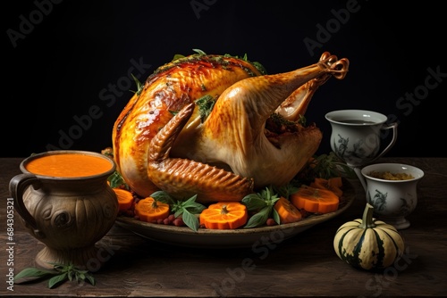 Baked turkey on the holiday table. Vegetables for the harvest festival.