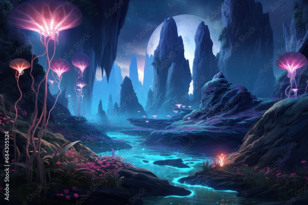 Surreal depiction of an alien landscape with bioluminescent flora and ...