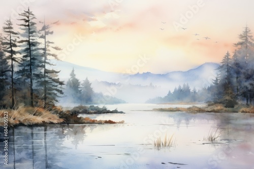 A watercolor landscape of a serene lakeside at dawn, with soft pastel colors