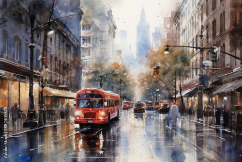 An impressionistic watercolor painting of a bustling city street in the rain