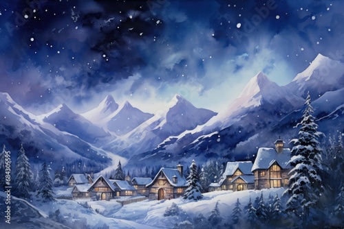 A watercolor rendition of a snow-covered mountain village under a starry sky