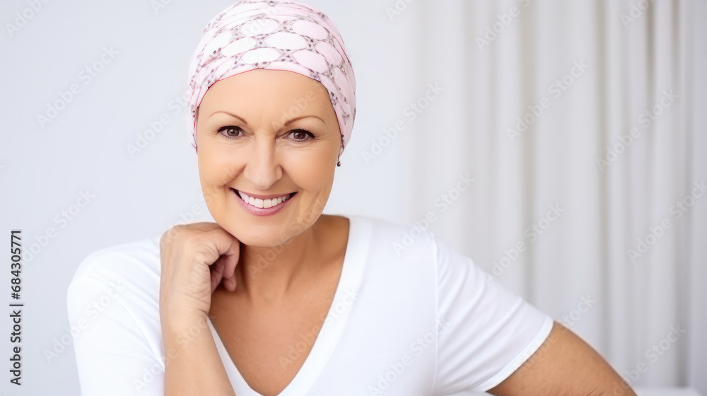Portrait happy Women After Chemotherapy in headdress turban looking at camera,a World Cancer Day Portrait happy Women After Chemotherapy in headdress turban looking at camera,a World Cancer Day