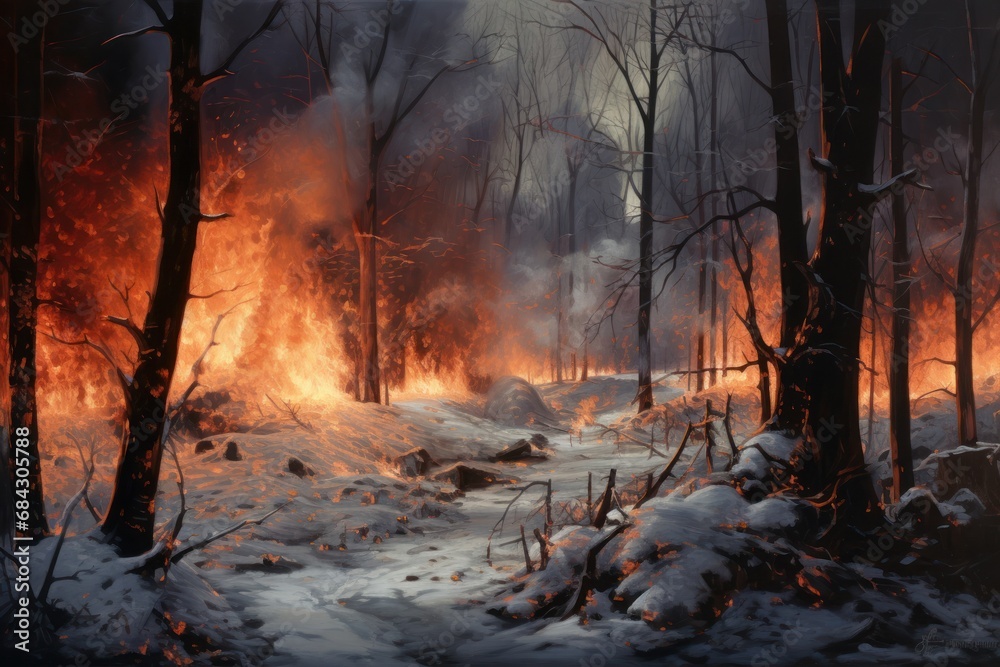 Forest simultaneously burning and freezing, a surreal environment Forest simultaneously burning and freezing, a surreal environment