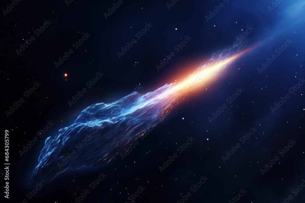 An icy comet trailing flames as it travels through space
