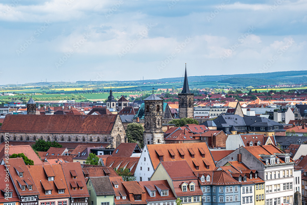Erfurt Cathedral and Severikirche, St Severus's Church from the Petersberg Citadel, Erfurt in Thuringia, Germany.