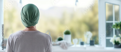 A Back view of woman after chemotheraoy with Green  headdress turban for Cervical cancer awareness month photo