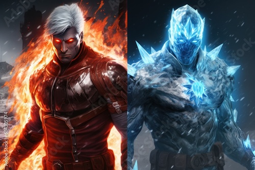An ice-themed superhero and a fire-themed villain in combat photo
