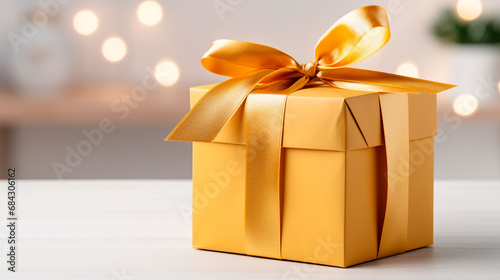 caja de regalos dorada aislado sobre un fondo desenfocado  photo